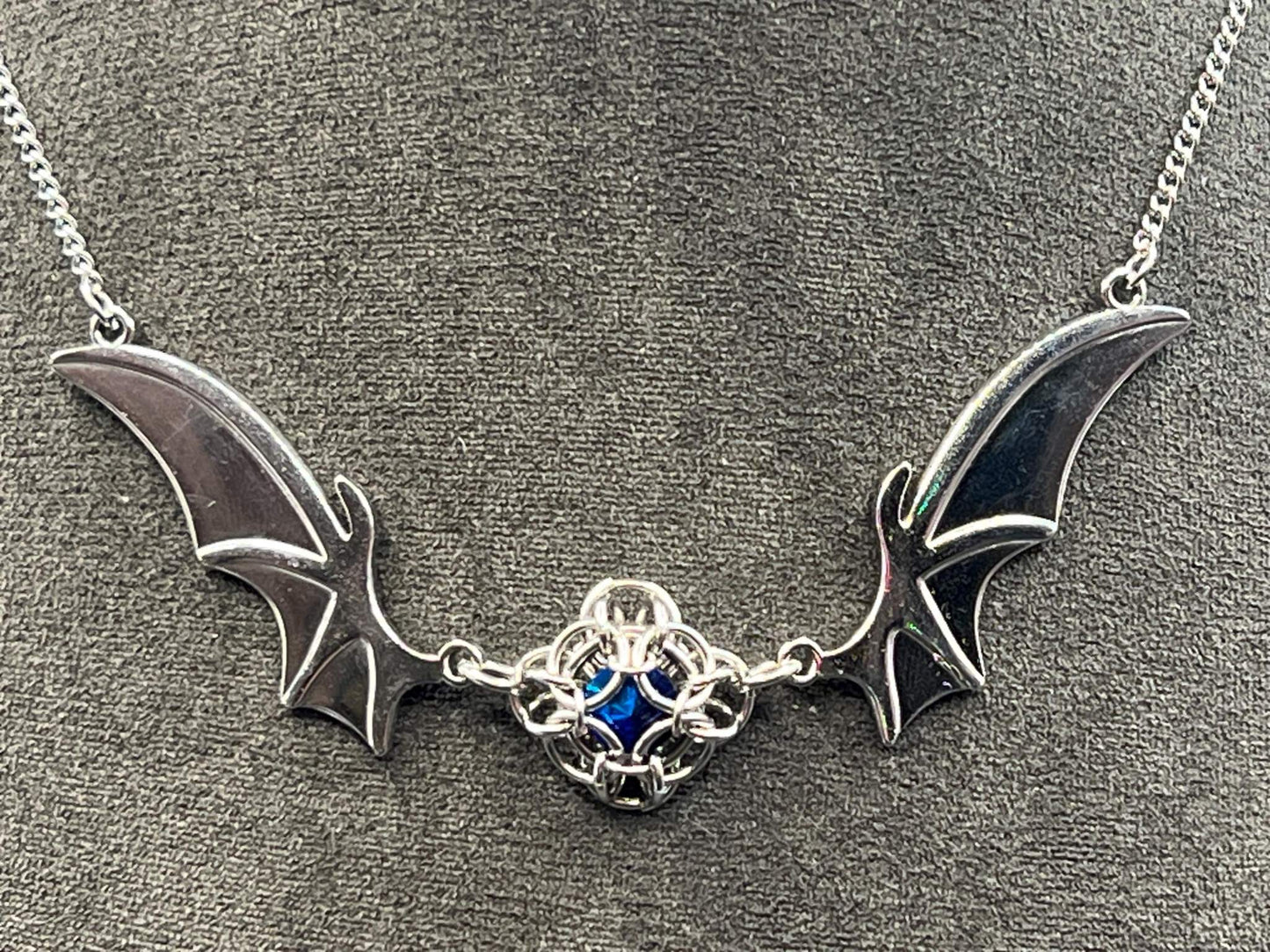 Romantasy-Inspired Bat Wing Necklace with BLUE Glass Gem, Solid Stainless Steel Chainmaille Pendant, Necklace Measures Approx. 20" Long