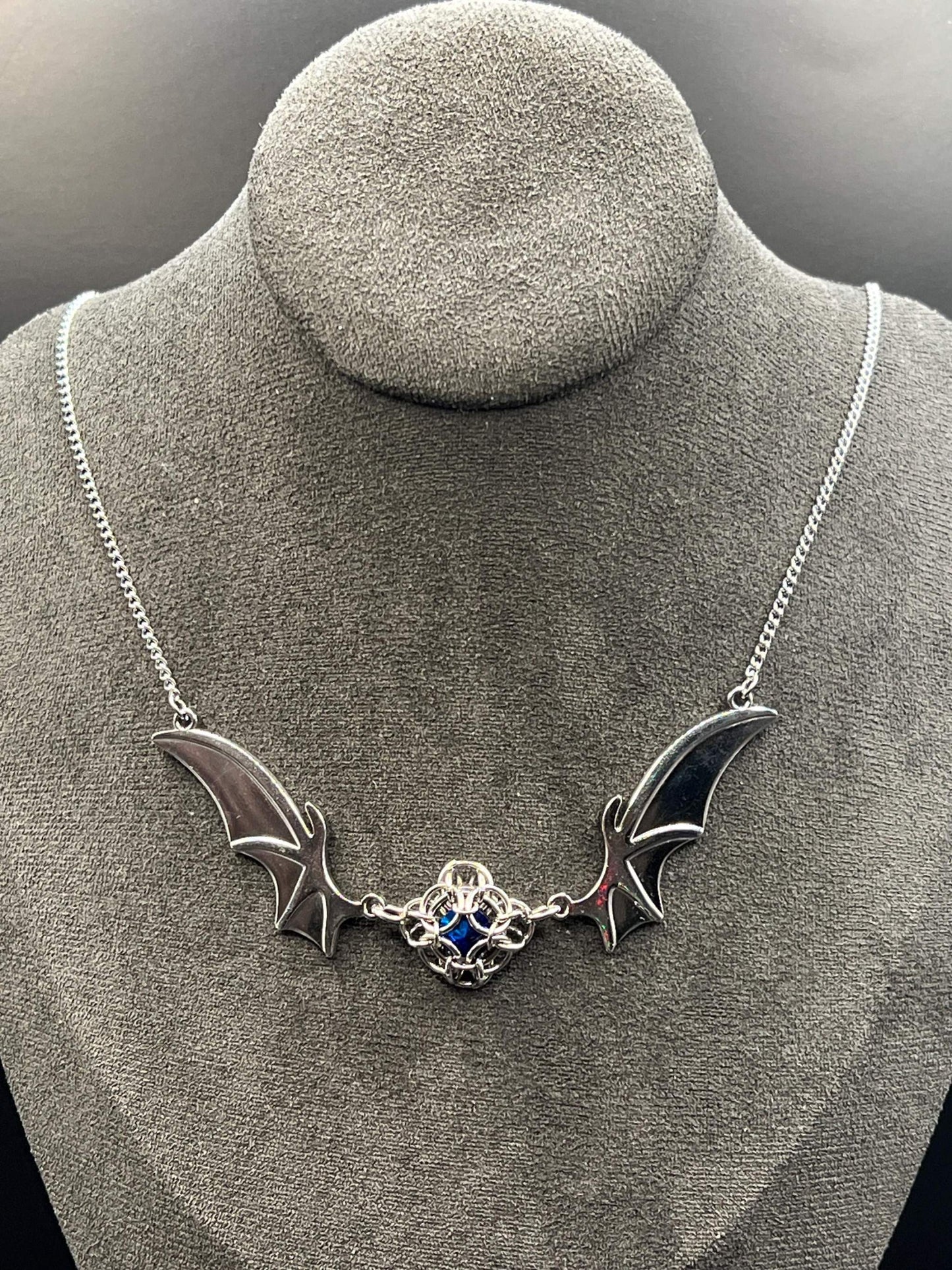 Romantasy-Inspired Bat Wing Necklace with BLUE Glass Gem, Solid Stainless Steel Chainmaille Pendant, Necklace Measures Approx. 20" Long