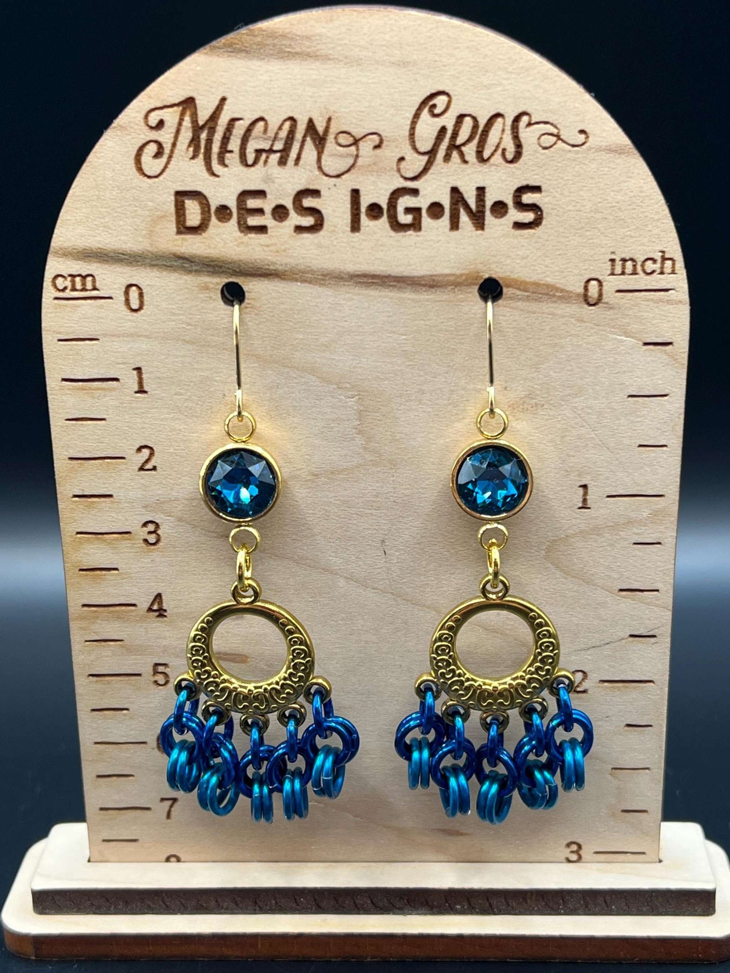 Blue & Gold Chainmaille Chandelier Earrings with Glass Gems, Surgical Steel Hooks, Earrings Measure Approx. 2.75" Long Inc. Hooks