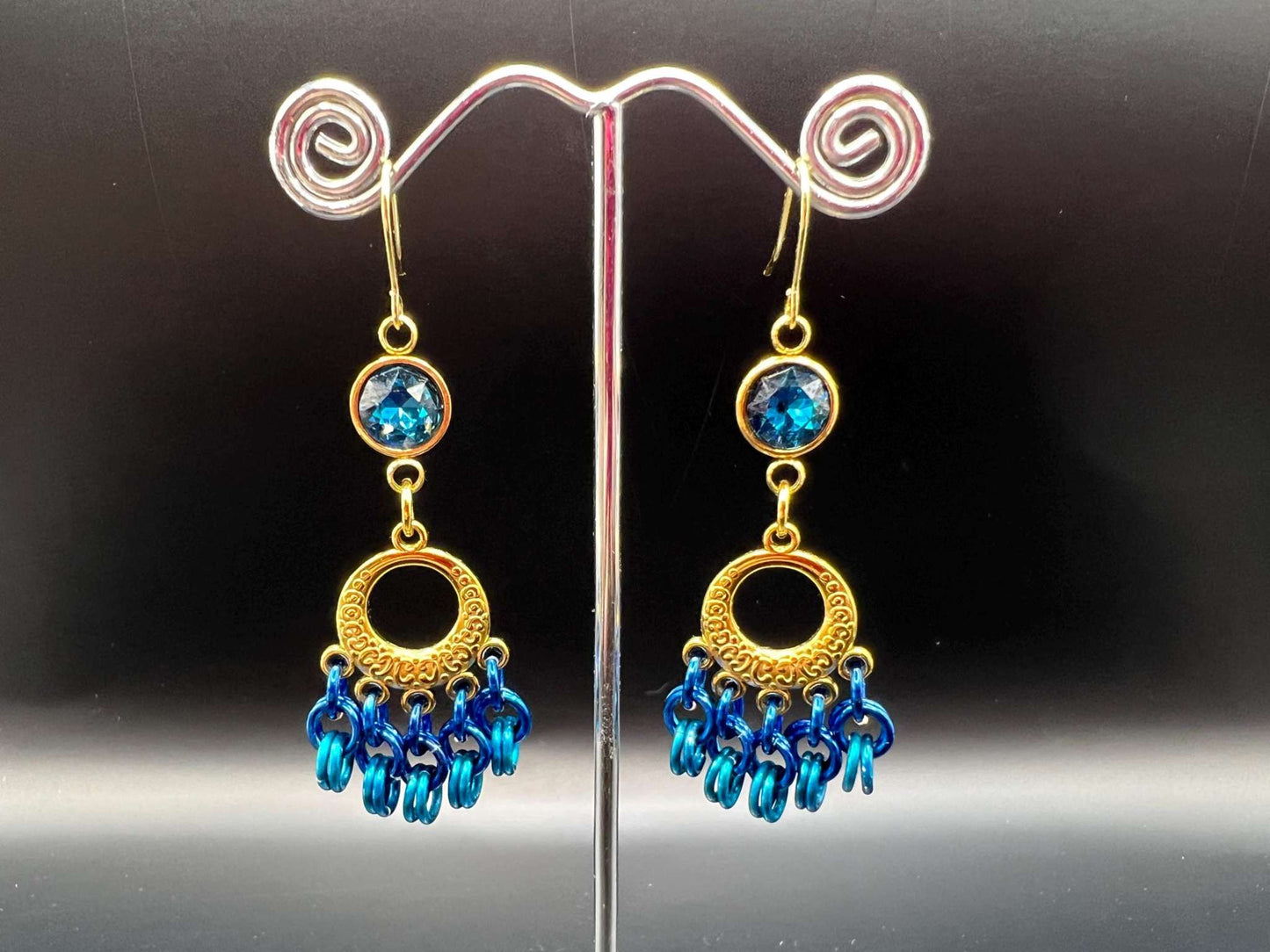 Blue & Gold Chainmaille Chandelier Earrings with Glass Gems, Surgical Steel Hooks, Earrings Measure Approx. 2.75" Long Inc. Hooks