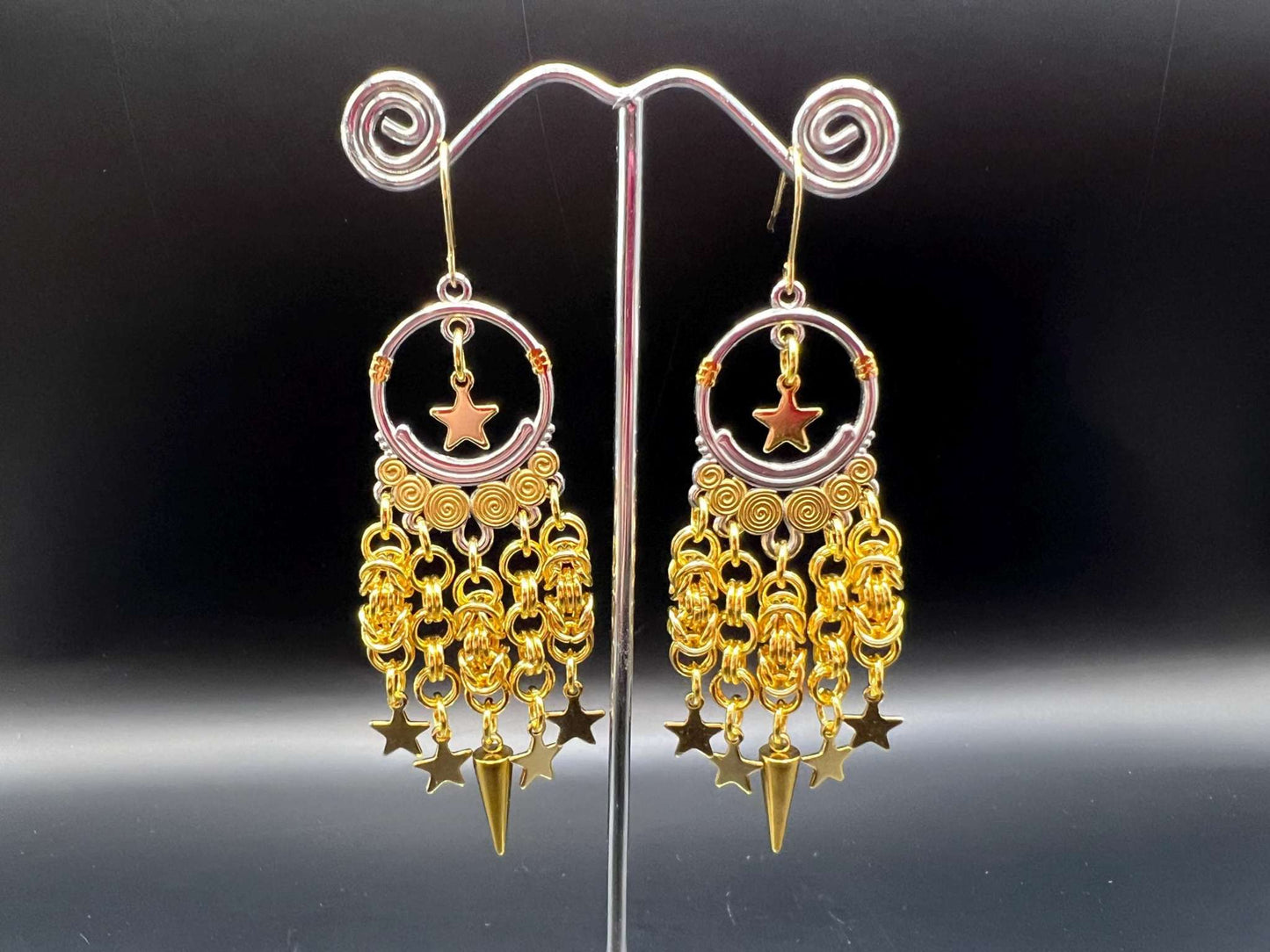 Gold & Silver Chainmaille Chandelier Earrings with Stars, Surgical Steel Hooks, Earrings Measure Approx. 3.5" Long Inc. Hooks