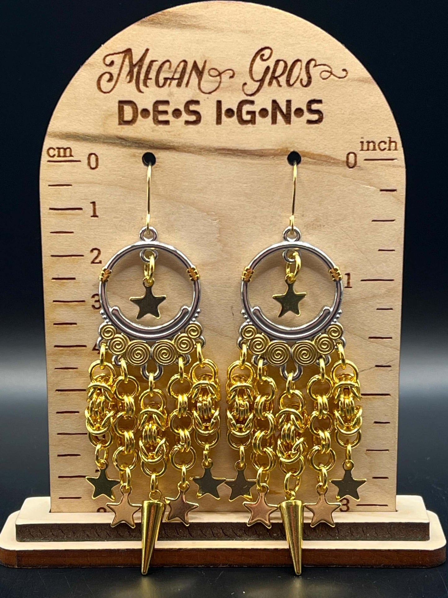 Gold & Silver Chainmaille Chandelier Earrings with Stars, Surgical Steel Hooks, Earrings Measure Approx. 3.5" Long Inc. Hooks