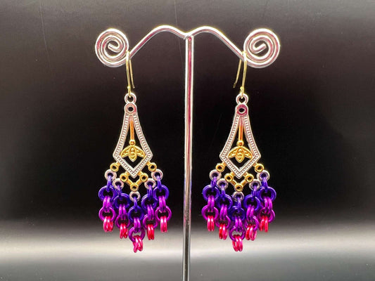 Pink & Purple Chainmaille Chandelier Earrings, Surgical Steel Hooks, Earrings Measure Approx. 3" Long Inc. Hooks