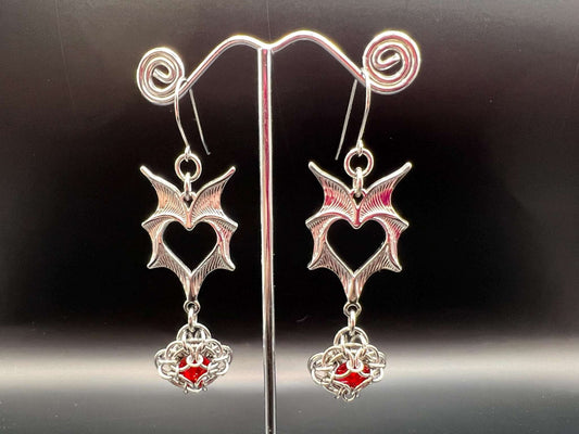 Romantasy-Inspired Bat Wing Chainmaille Earrings with RED Glass Gems, Surgical Steel Hooks, Earrings Measure Approx. 3" Long Inc. Hooks