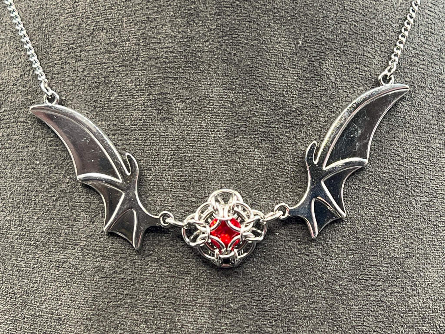 Romantasy-Inspired Bat Wing Necklace with RED Glass Gem, Solid Stainless Steel Chainmaille Pendant, Necklace Measures Approx. 20" Long