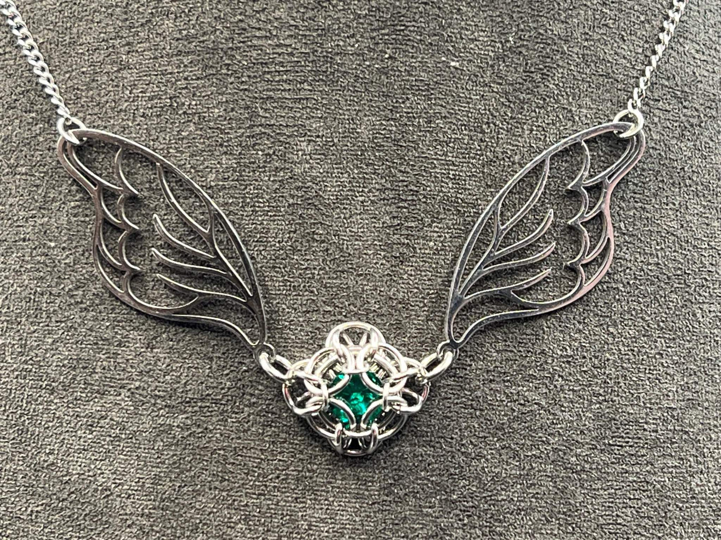 Fantasy-Inspired Fairy Wing Necklace with GREEN Glass Gem, Solid Stainless Steel Chainmaille Pendant, Necklace Measures Approx. 20" Long