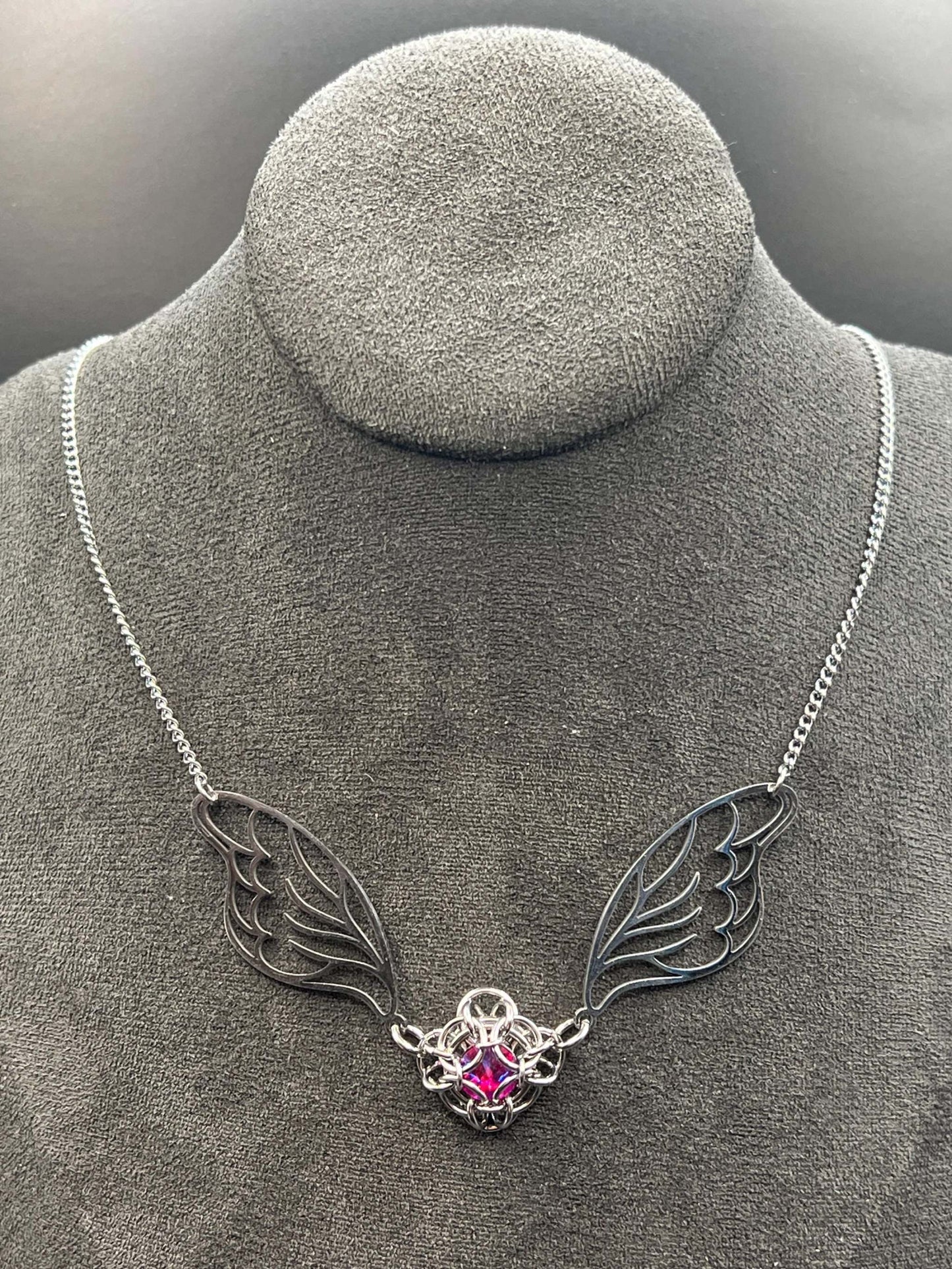 Fantasy-Inspired Fairy Wing Necklace with PINK Glass Gem, Solid Stainless Steel Chainmaille Pendant, Necklace Measures Approx. 20" Long