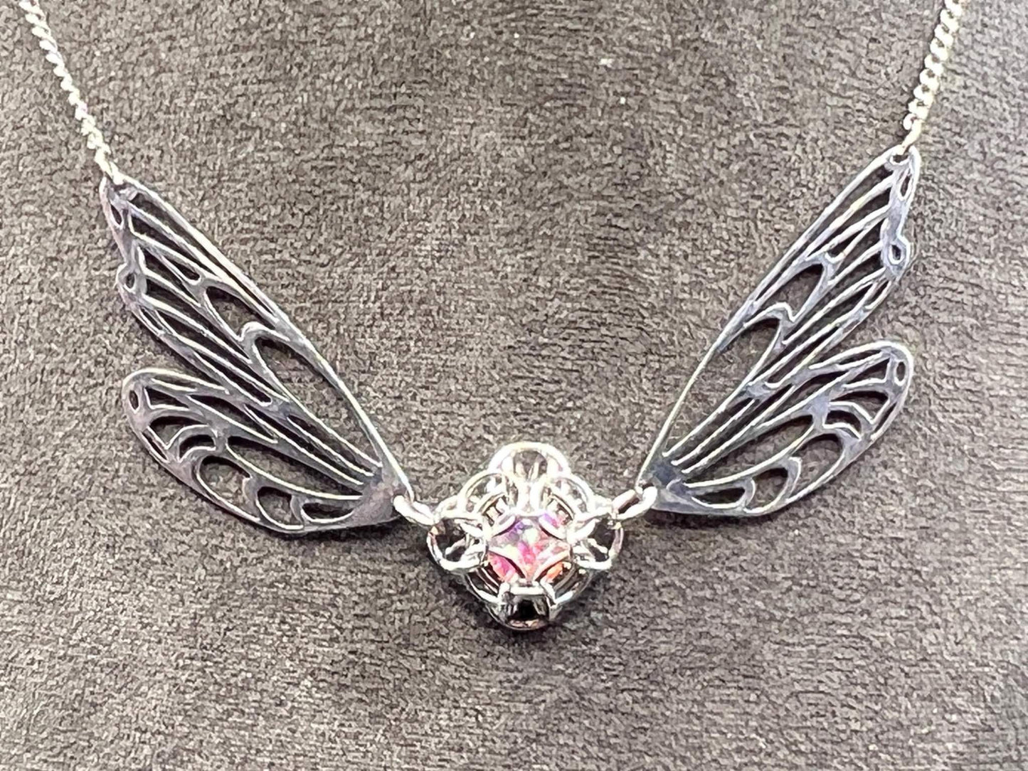 Fantasy-Inspired Butterfly Wing Necklace with PINK Glass Gem, Solid Stainless Steel Chainmaille Pendant, Necklace Measures Approx. 20" Long