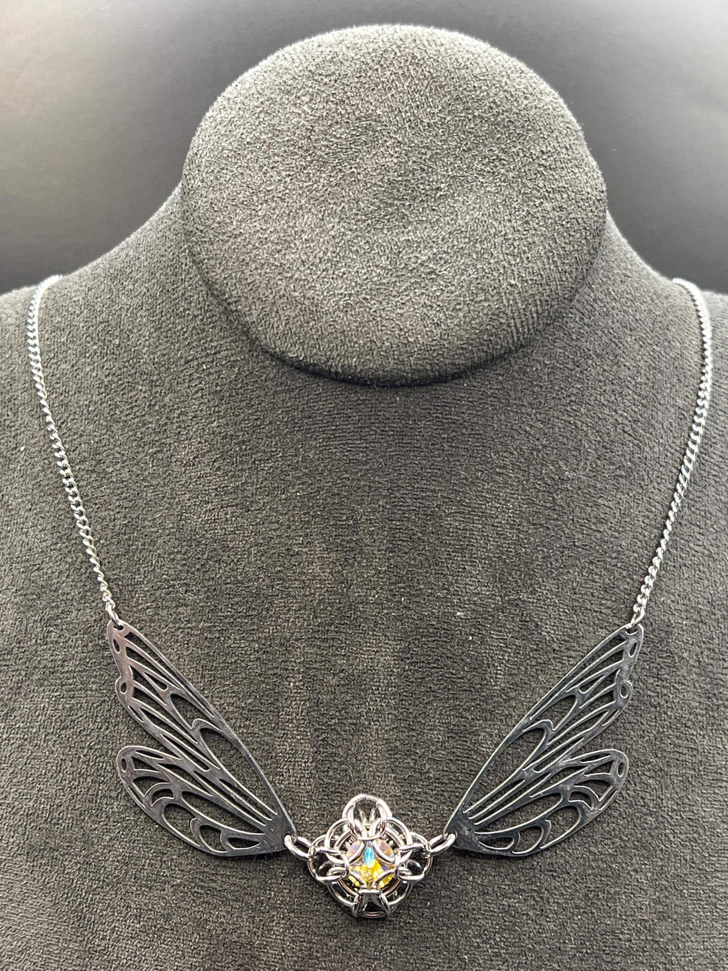 Fantasy-Inspired Butterfly Wing Necklace with YELLOW Glass Gem, Solid Stainless Steel Chainmaille Pendant Necklace Measures Approx. 20" Long