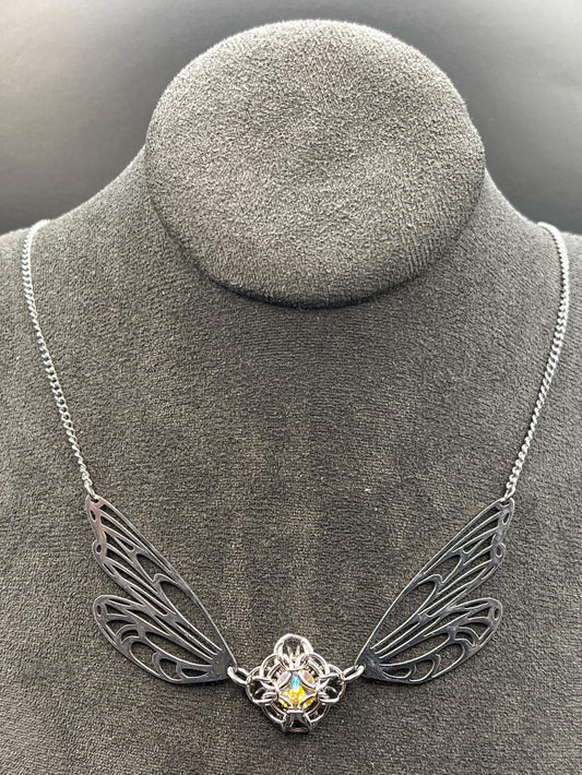 Fantasy-Inspired Butterfly Wing Necklace with YELLOW Glass Gem, Solid Stainless Steel Chainmaille Pendant Necklace Measures Approx. 20" Long