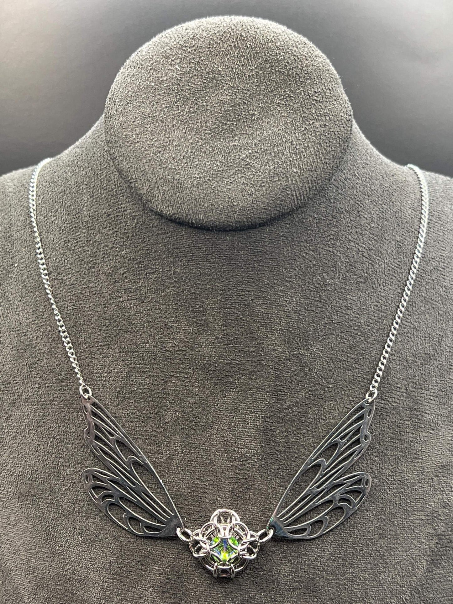 Fantasy-Inspired Butterfly Wing Necklace with GREEN Glass Gem, Solid Stainless Steel Chainmaille Pendant, Necklace Measures Approx. 20" Long