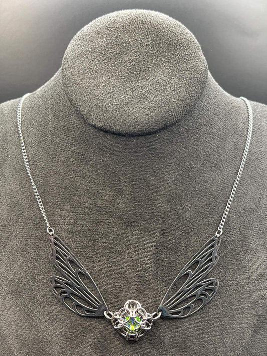 Fantasy-Inspired Butterfly Wing Necklace with GREEN Glass Gem, Solid Stainless Steel Chainmaille Pendant, Necklace Measures Approx. 20" Long