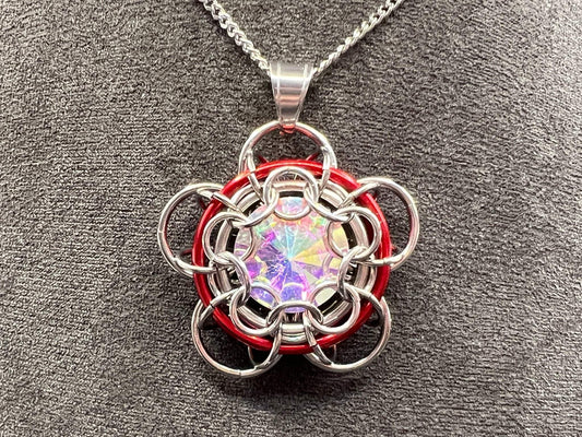 Stainless Steel Chained Daisy Pendant - Red Accent - Megan Gros Designs