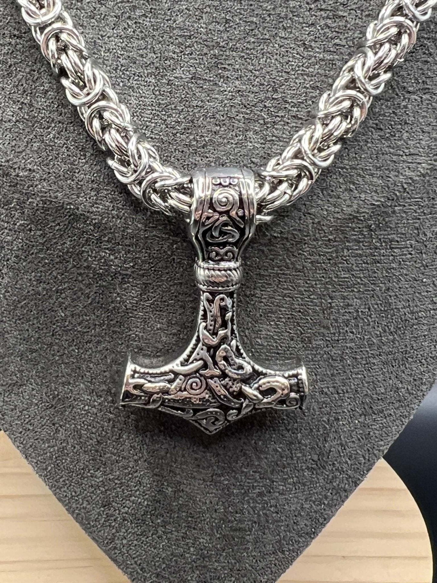 Stainless Steel Necklace - Byzantine with Mjolnir Pendant - Megan Gros Designs