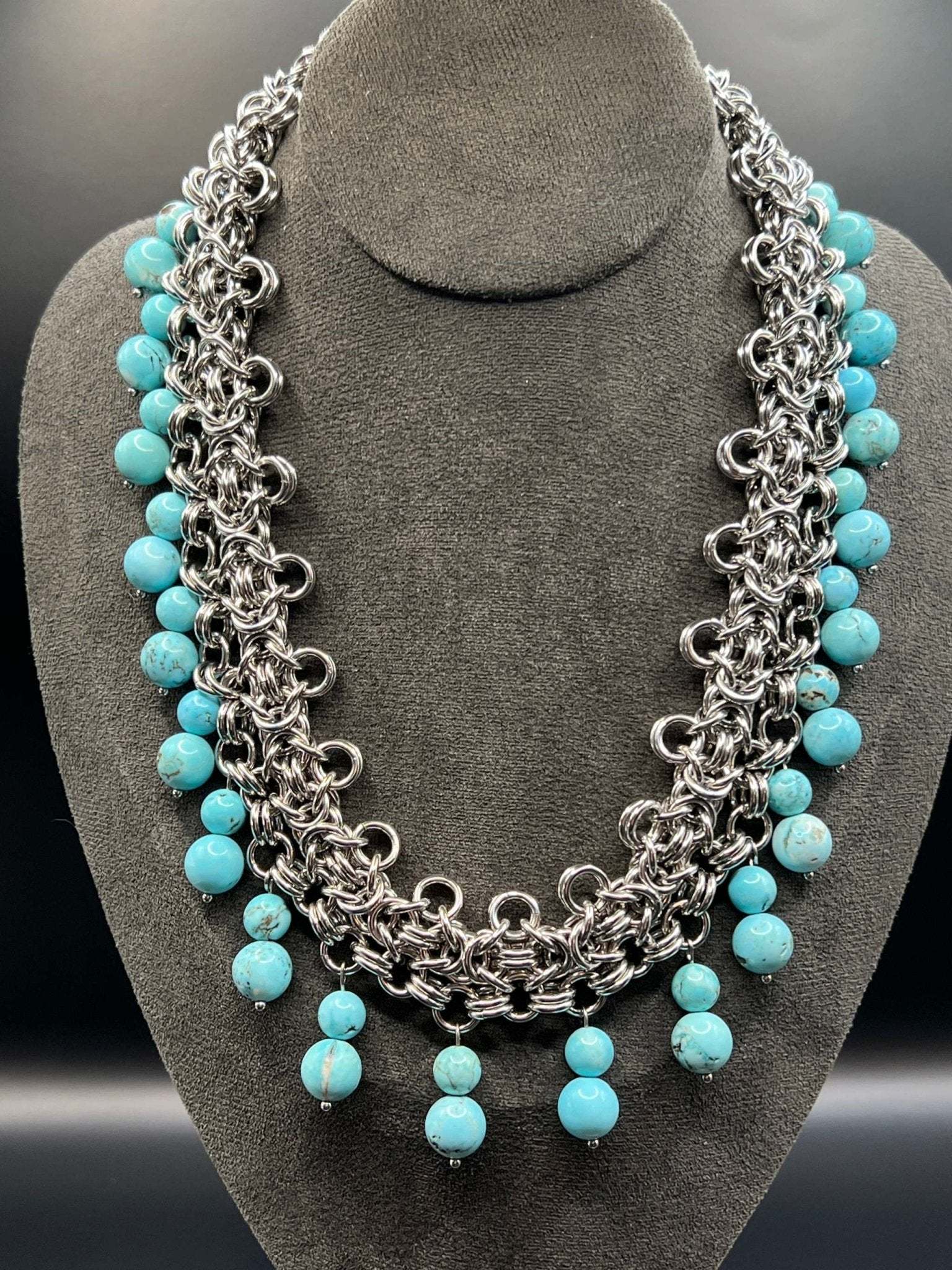 Stainless Steel Statement Necklace - Filigree Byzantine with Magnesite - Megan Gros Designs